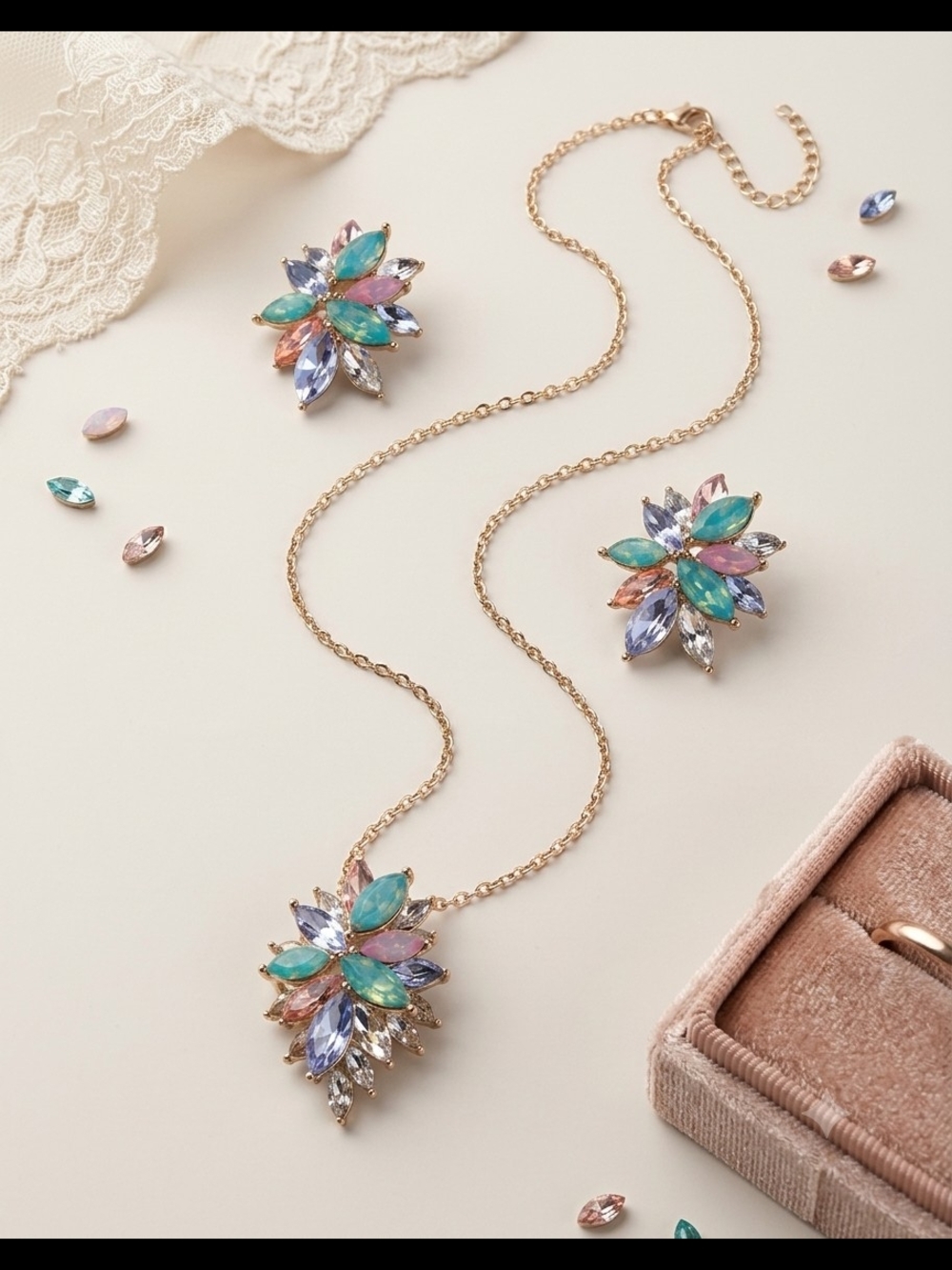 Elegant Multicolor Crystal Flower Necklace and Earrings Set
